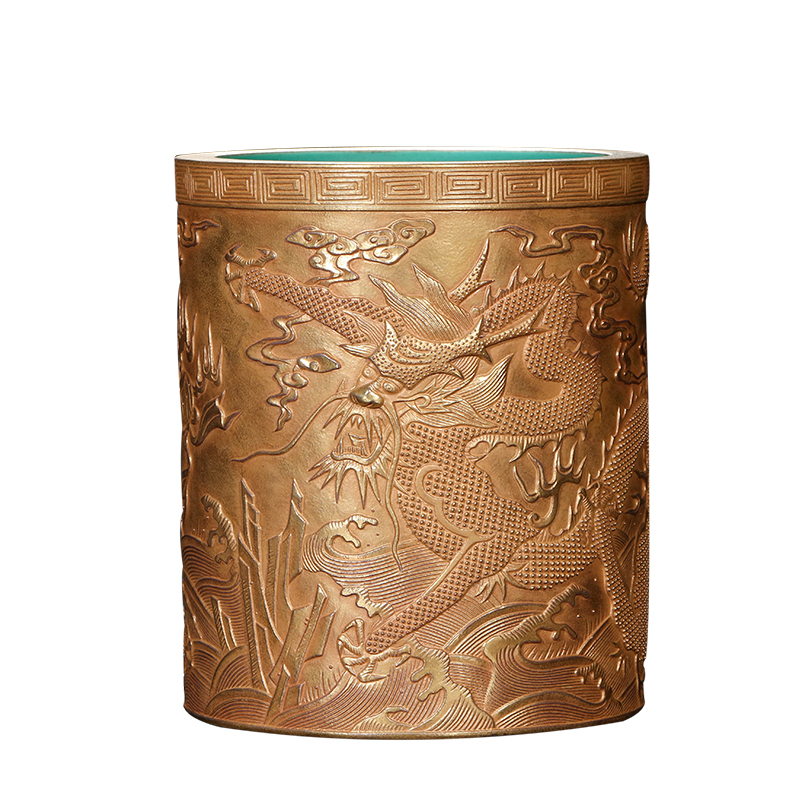 Jia lage jingdezhen ceramics YangShiQi pure gold dragon carving "four appliance stationery pen container study furnishing articles