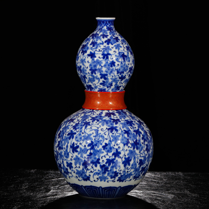 Yang Shiqi palace blue - and - white porcelain dou red ring gourd grain and name the gourd bottle