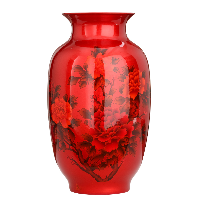 Big red vase of jingdezhen ceramics vase crystal glaze peony red vase festival gift porcelain furnishing articles