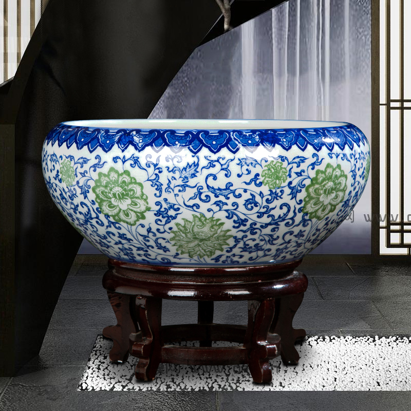 Jingdezhen blue and white ceramics tank cylinder tortoise flowerpot XiCha wash water is shallow