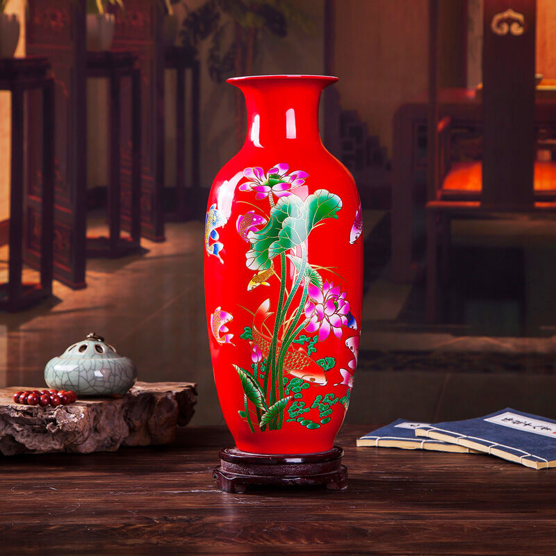 Jingdezhen ceramics blooming flowers red vase peony bottle home living room decoration handicraft furnishing articles