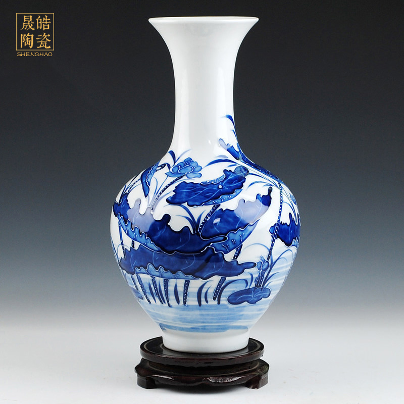 Jingdezhen ceramic embossed lotus of blue and white porcelain vase household adornment handicraft furnishing articles sitting room