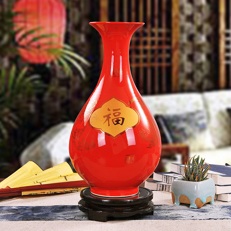 Jingdezhen ceramics China red peony flowers prosperous vase furnishing articles household decoration decoration in the living room