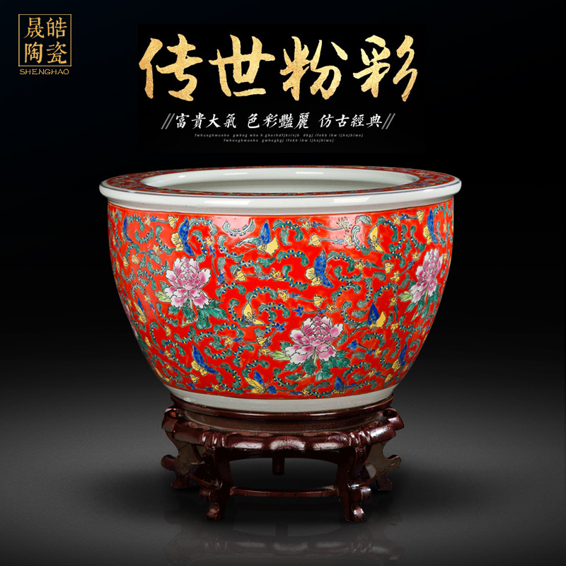 Jingdezhen antique hand - made ceramic powder enamel cylinder tank koi cylinder Chinese style living room a study place feng shui to plant trees