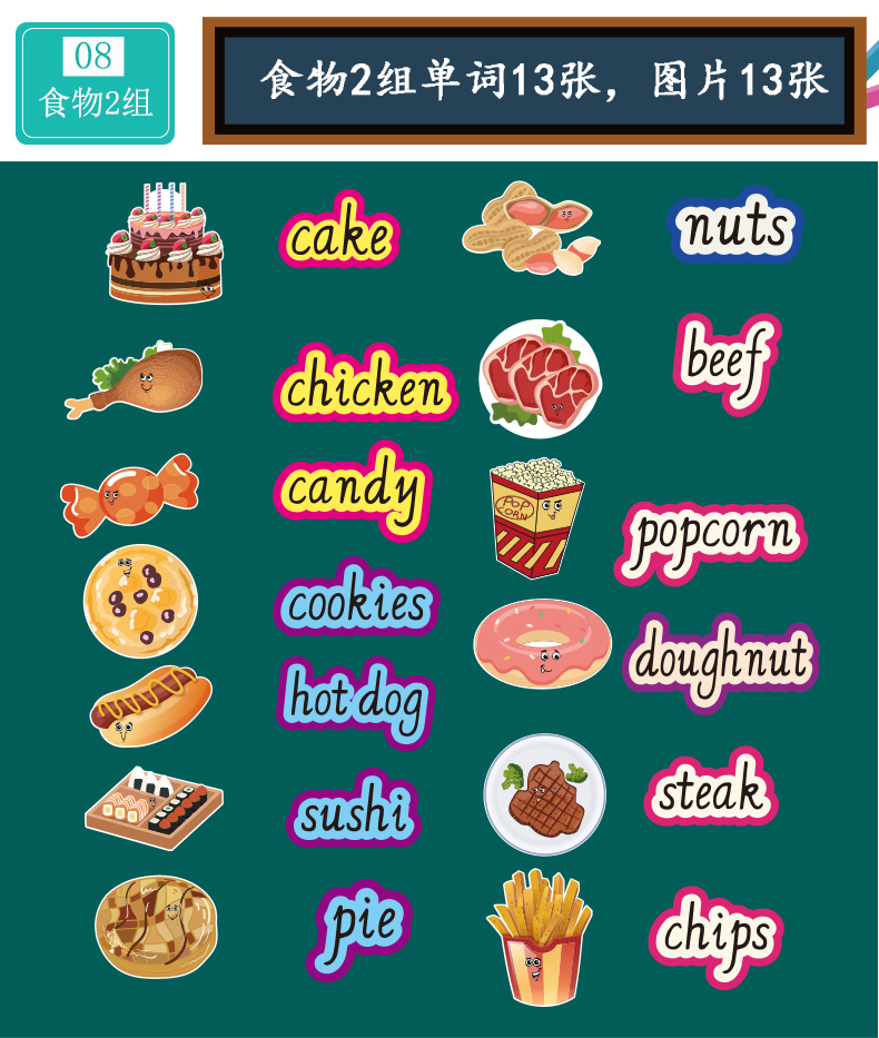 英语单词卡文具身体部位颜色数字动物食物卡片教具黑板贴图片闪卡
