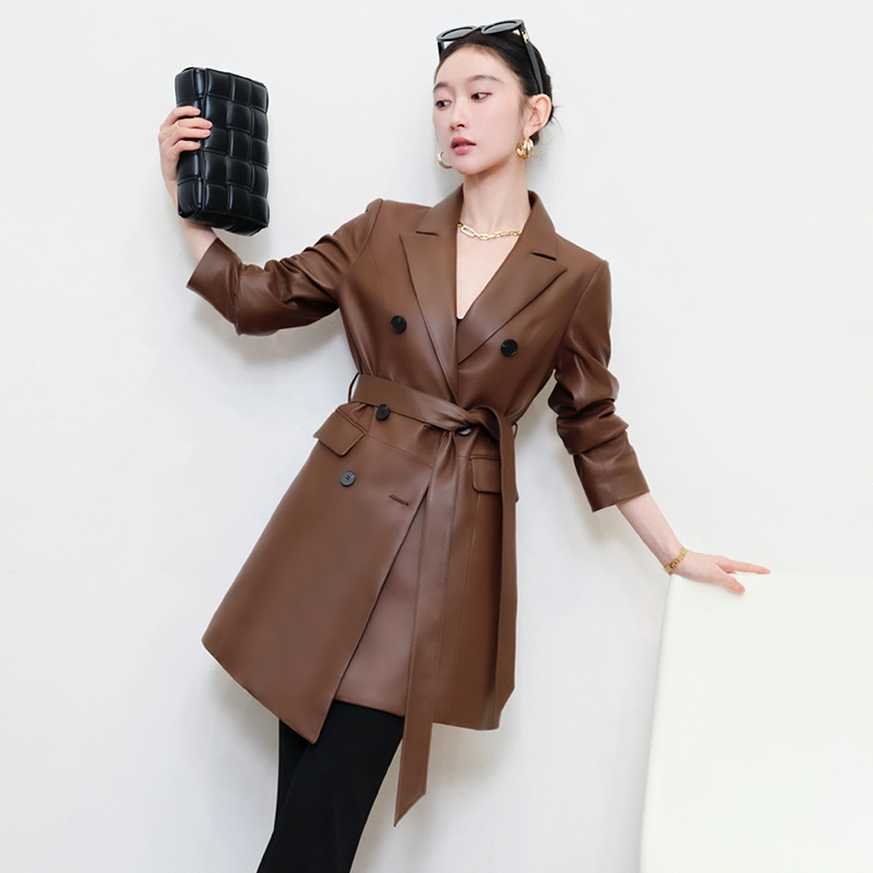 AUNR original designer sheepskin leather jacket mid-length windbreaker new women's autumn 2022