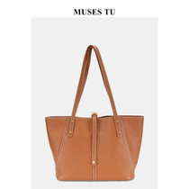 MUSESTU autumn and winter leather tote bag top layer cowhide commuter big bag portable shoulder bag simple large capacity Women