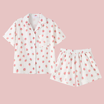 women's summer cotton linen pajamas thin water peach ins student two-piece set girls cotton cloth summer home clothing set