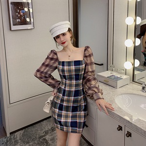 Photo No. Plaid square neck long sleeve cotton linen dress women 2020 New Style Lantern Sleeve waisted plaid skirt A-lin