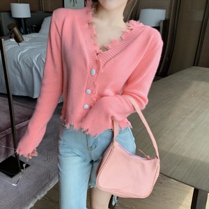 Women’s thin and loose sweater with V-neck short cardigan coat design sense sweater top