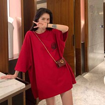 Net red ins short-sleeved red t-shirt womens 2021 new summer dress sub-hip-hop bf style undershirt missing t-shirt