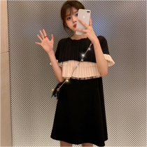 Fat mm dress 2021 new black stitching plus size womens western style age-reducing fashion cover meat thin summer clothes