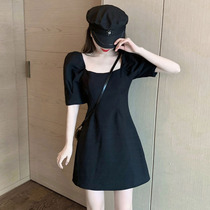 Square neckline Herbenwind small black dress French style vintage retro dress with waist display slim temperament little subcaution machine skirt Summer