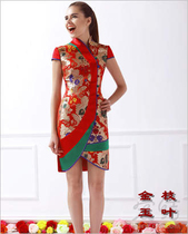 Golden branches Jade leaves red brocade golden flower color bridal cheongsam wedding improved cheongsam dress Toast dress custom
