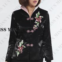 New black embroidered safflower green leaf buckle custom Lady Spring and Autumn Winter mother Tang suit top long sleeve