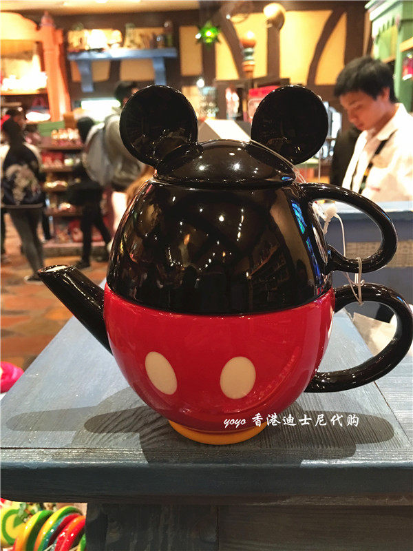 香港迪士尼正品 米奇二合一陶瓷带马克杯 卡通水壶 可爱茶壶_7折现价