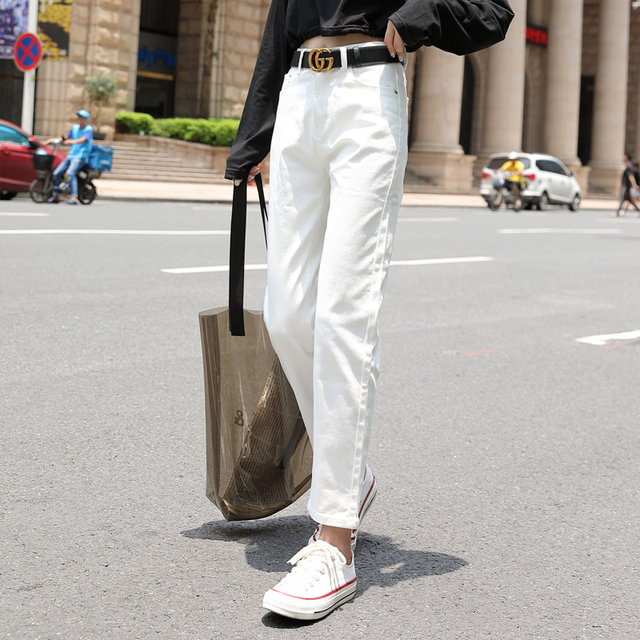 White jeans women's loose straight women's spring clothes 2020 pants high waist Korean version was thin daddy nine points pants White jeans women's loose straight women's spring clothes 2020 pants high waist Korean version was thin daddy nine points pants