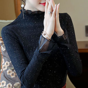 薄款/加绒秋冬季长袖女上衣蕾丝打底衫2019新款黑色气质短款T恤