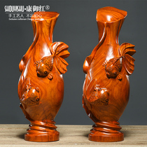 Huanghua pear wood carving goldfish Vase ornaments mahogany living room TV cabinet home decoration solid wood carving crafts