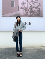 Small pull 1937 retro - thin thickening high waist nine - point jeans woman 2022 winter new one piece of winter