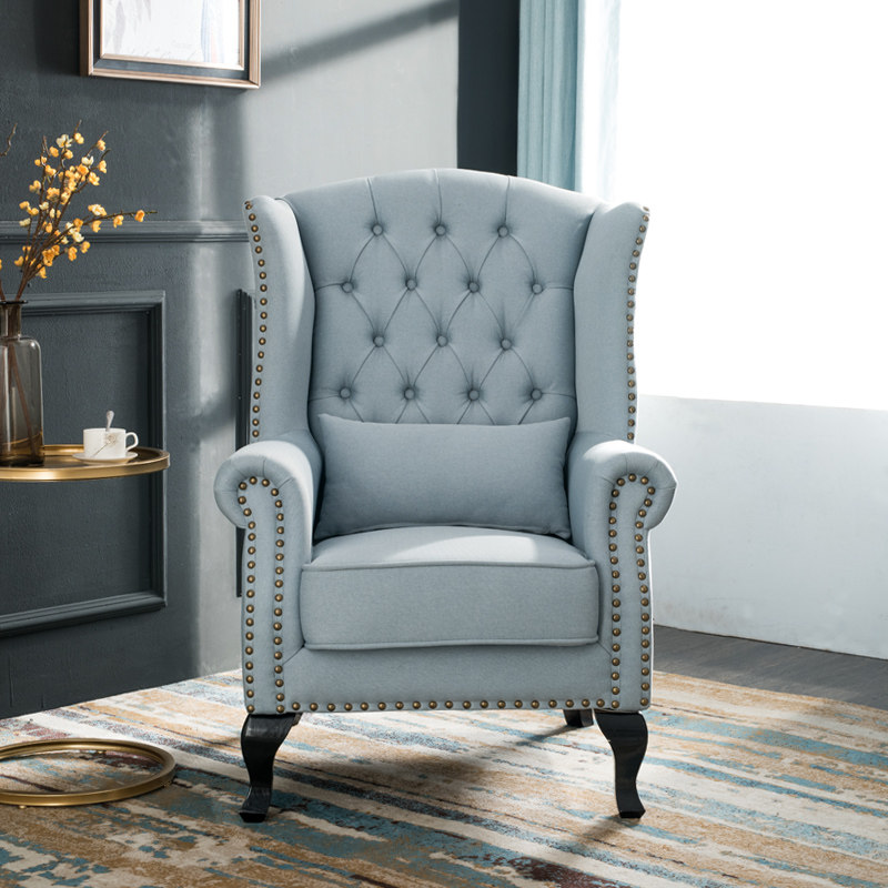 美式老虎椅布艺单人沙发客厅卧室阳台高背沙发椅子脚踏组合黄蓝色_5折