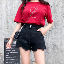 2021 New Fat Mm Summer Dress Black Denim Shorts Woman High Waist Display Slim IRREGULAR HAIR SIDE HOT PANTS