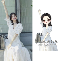 Qiao Xin with French V-neck bubble sleeve dress female summer lace stitching Super fairy waist first love fairy dress