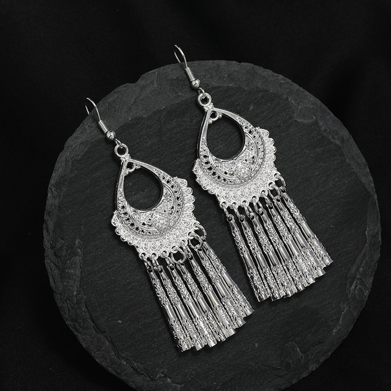 复古民族风手工苗银流苏耳环女气质云南苗族个性舞台百搭长款耳饰