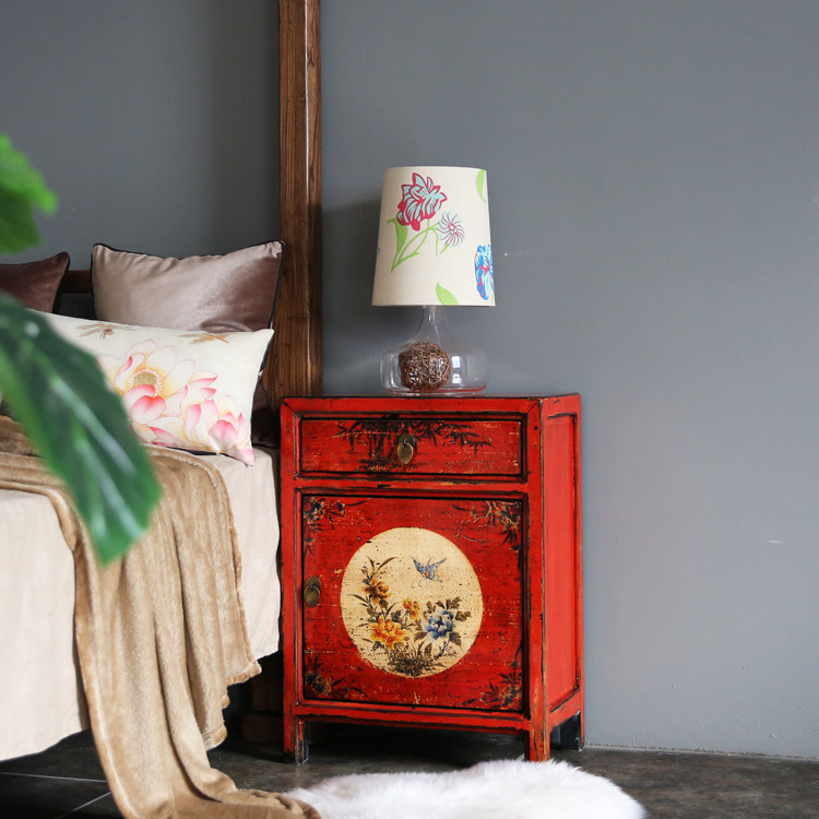 家具床头柜新古典做旧柜彩绘中式边柜复古红卧室柜实木艺术储藏柜_7折