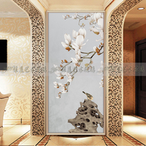 Art glass partition porch TV background wall transparent double-sided effect deep carving process-elegant magnolia flowers and birds