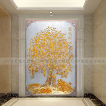 Art glass partition entry porch walkway background wall living room screen modern carving gold and silver foil fortune tree