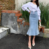 Light-colored ruffle lace-up half-body denim skirt spring and Autumn new slim retro hip fishtail high-waisted denim skirt