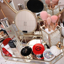 Nordic simple retro glass storage box metal mirror tray dressing table desktop ornaments cosmetics storage box