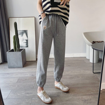 Popular bear embroidery gray sweatpants womens 2022 spring elastic high waist loose and thin waist sweatpants