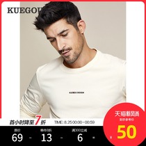 Kuegou mens long-sleeved T-shirt Mens autumn simple letter printing bottoming shirt round neck casual top 7761