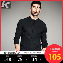  ] Kuegou Mens stand-up collar shirt Mens half-open placket black long-sleeved shirt mens slim inch shirt 6139