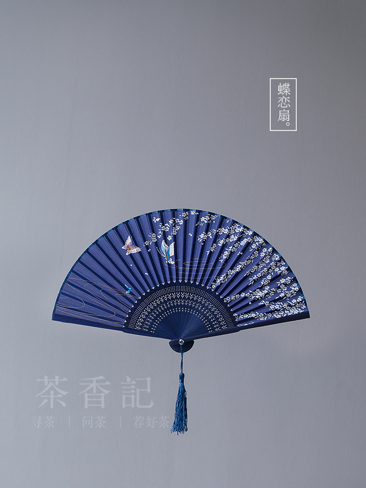 茶香记古风仿真丝绸折扇中国风印花仿真丝丝绸