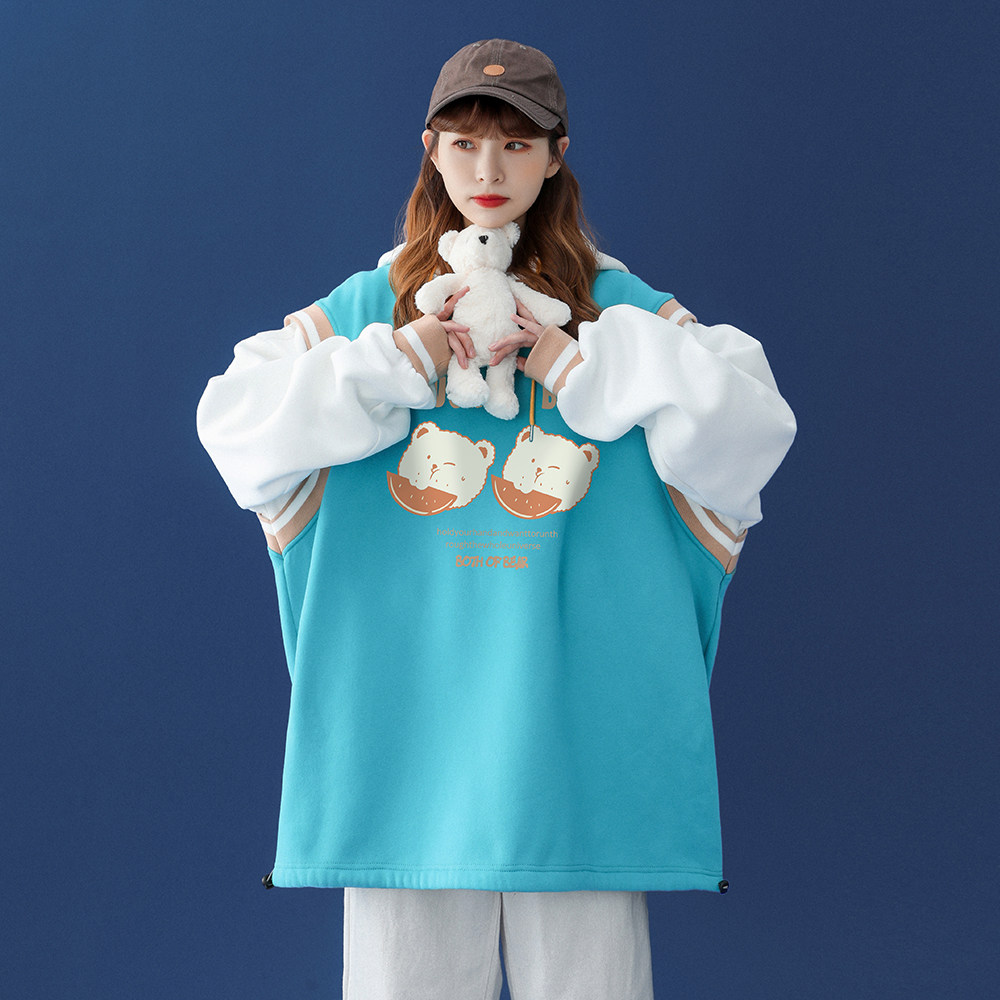 中性 秋爆款撞色假两件宽松连帽卫衣男女上衣 b6176 p65控78