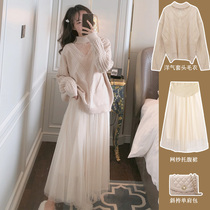 Pregnant woman autumn and winter clothing with gentle wind sweater net red temperament foreign air matt knitwear mesh fabric yarn one-piece dress with two suits