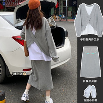 Gestational Woman Dress Spring Autumn Season Foreign Air Two Sets Design Senses Back Cross Fake Two-piece Necrotbelly Half Body Skirt Suit