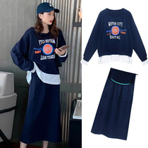 Net Red Pregnancy Woman Dress Spring New Ocean Gas Fake Two Necrottos Belly and half body dress Chaoters wear two suits outside