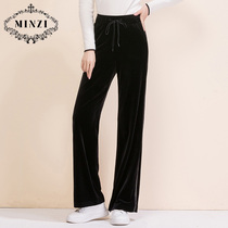 Minzi womens pants golden velvet wide leg pants 2021 spring new black mop pants high waisted thin trousers loose