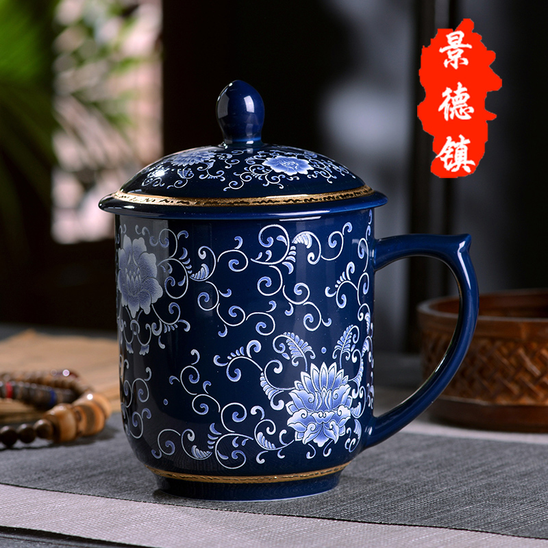 Office of jingdezhen blue and white porcelain cup large business ceramic cup with cover large capacity make tea cup boss cup gift box