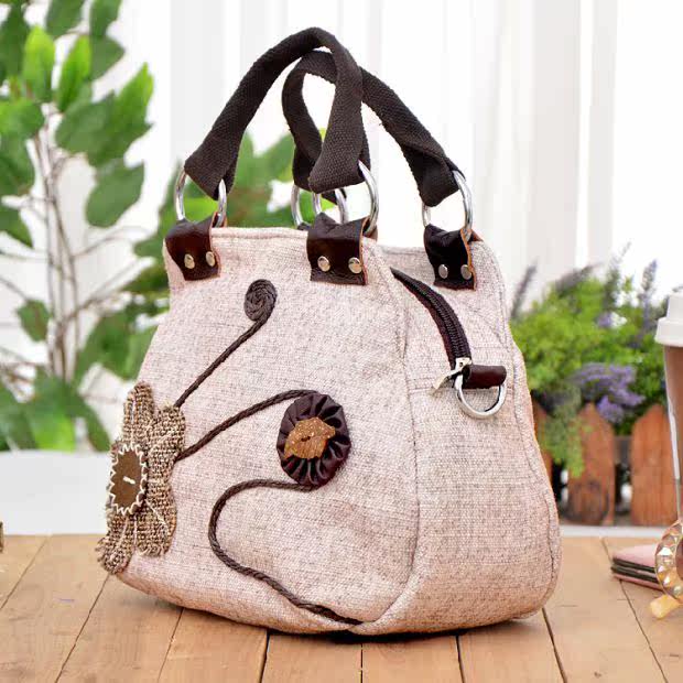 简约花朵小布包包森女百搭小拎包文艺女士两用包民族风手提斜跨包