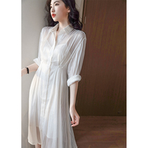 Ron very cute French niche Chiffon Shirt Dress Retro High waist White long sleeve Skirt 2019 new T