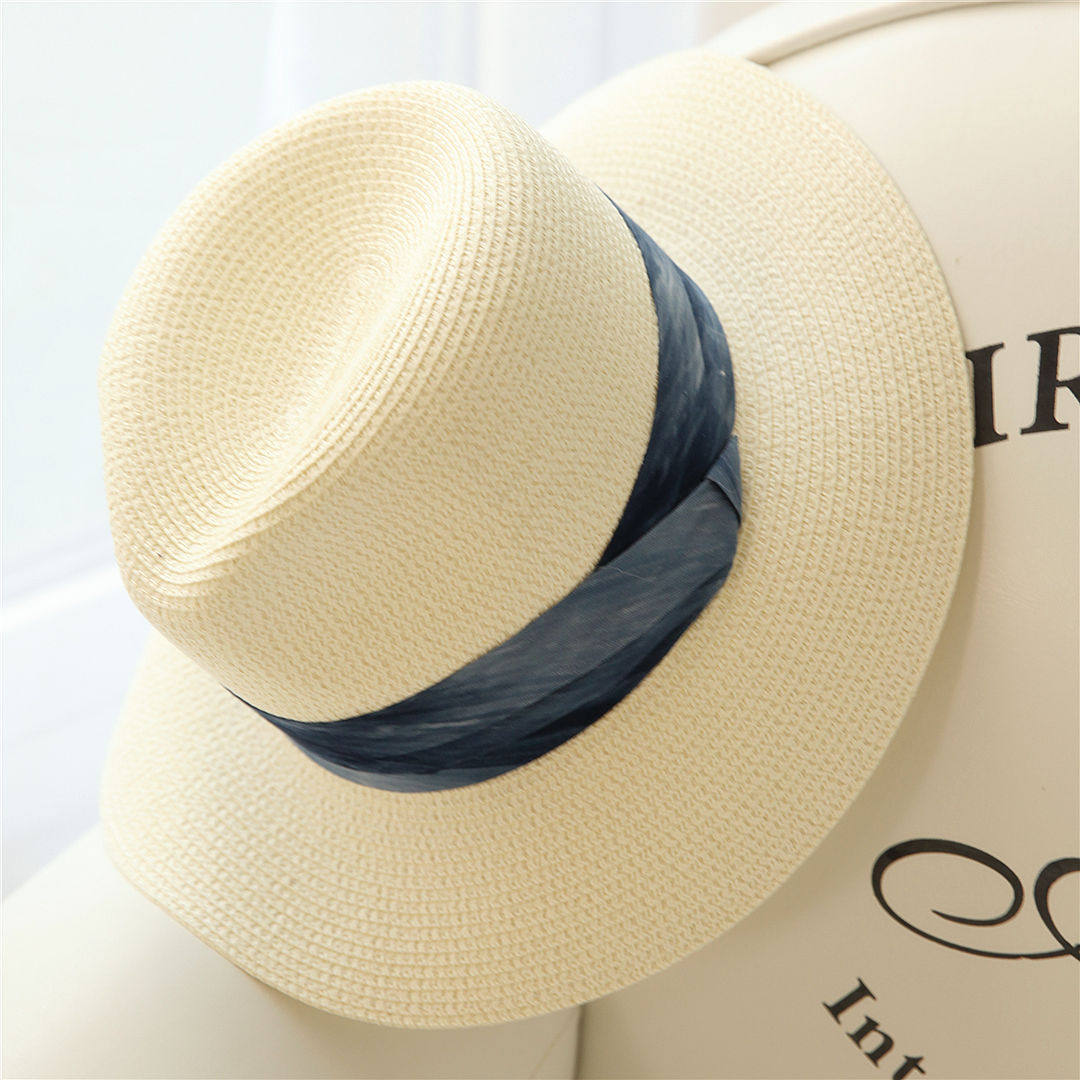 缎面丝带礼帽女春夏天出游旅游纯色白色宽边