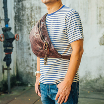 Handmade mens chest bag original first layer cowhide leather shoulder bag made of old folds mens waist bag tide KB0128