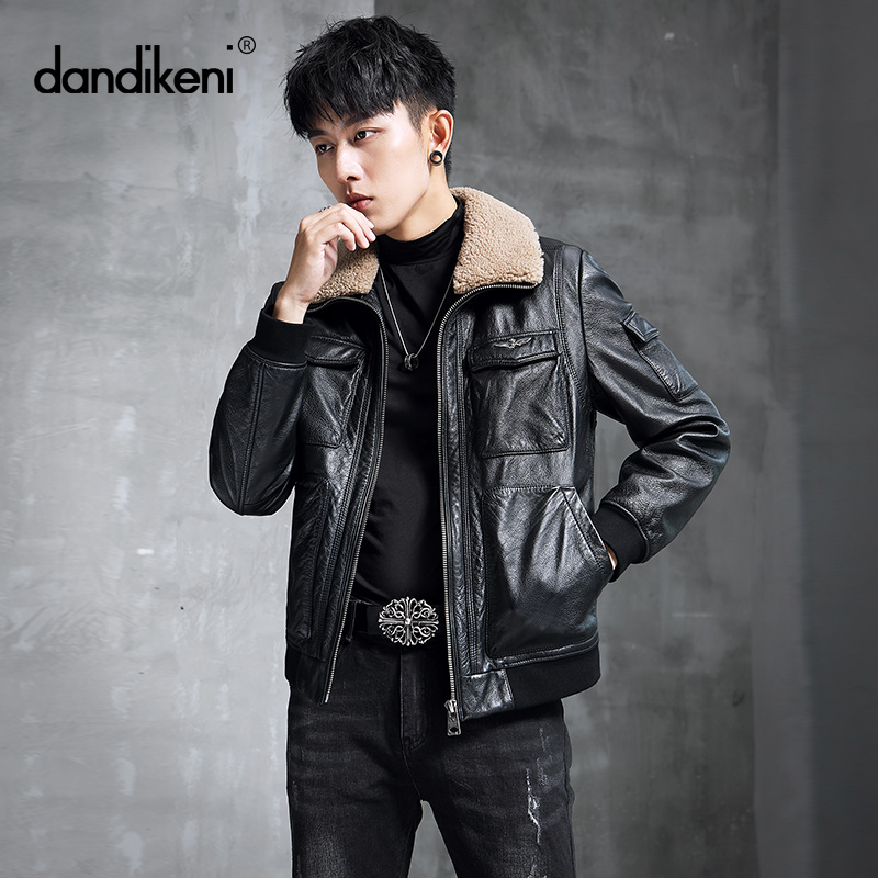 Men's leather clothes new body real leather jacket man's head layer of cow leather short wool over-collar tooling youth flying jacket