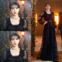 IU Li Zhien star same black square collar dress embroidered mesh waist thin temperament dress long dress women