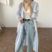 yesroom22 spring Korean version of retro vertical stripes back lace up front and back wear cotton long shirt women